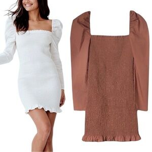 Aritzia Wilfred Maelys Puff Sleeve Smocked Bodice Mini Dress Mocha Brown Sz L